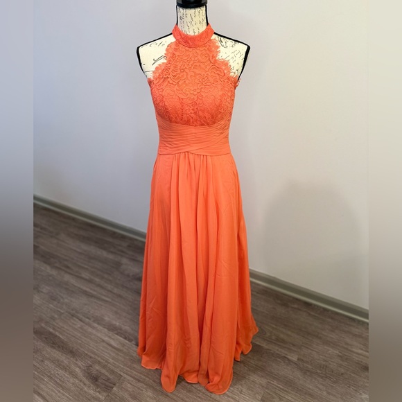 JJ’s House Dresses & Skirts - A-line High Neck Floor-Length Chiffon Lace, Papaya, Size 2